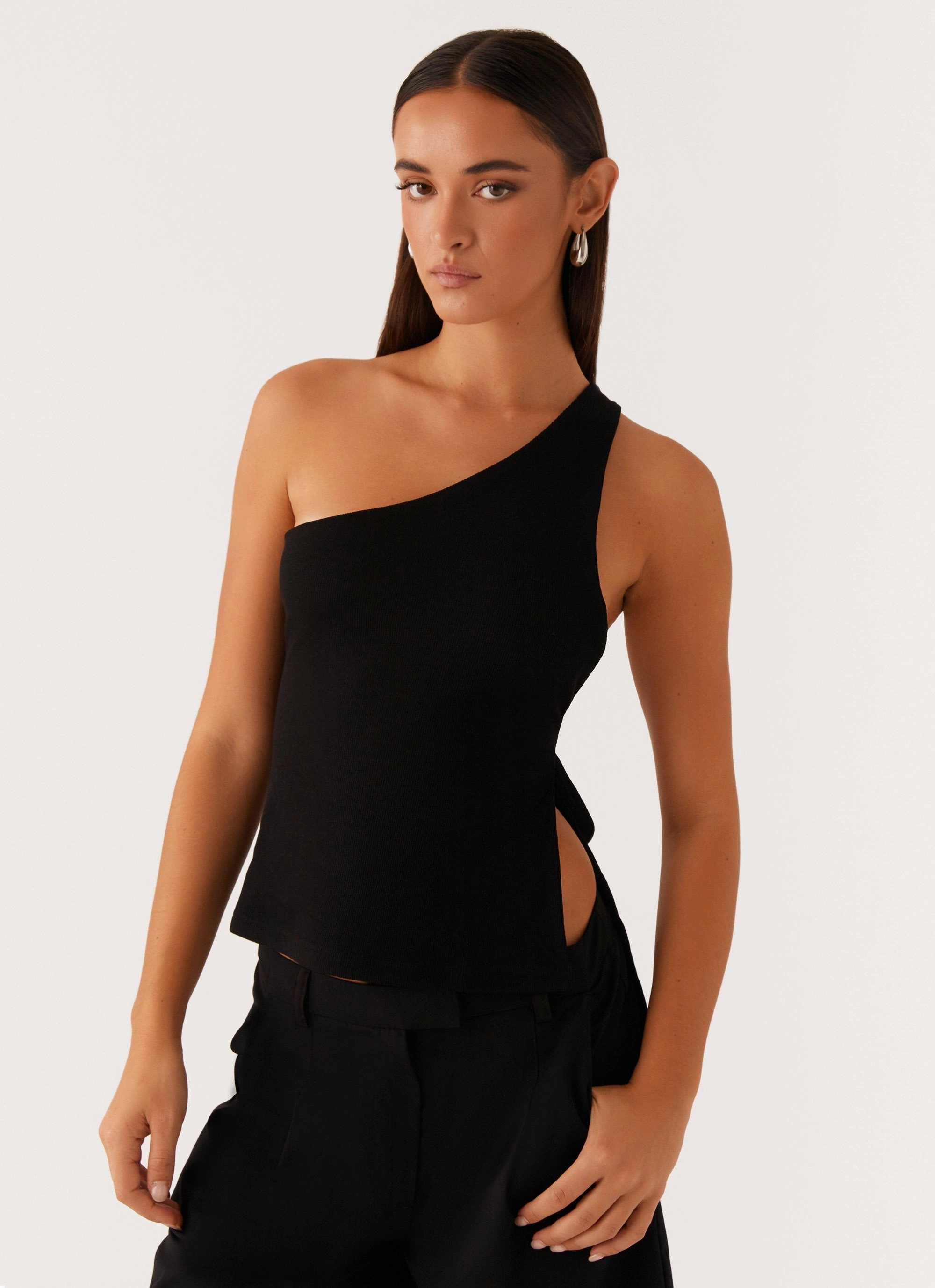 Breathable Underarm Gussets NoRoll Hem Technology Safiya One Shoulder Top - Black
