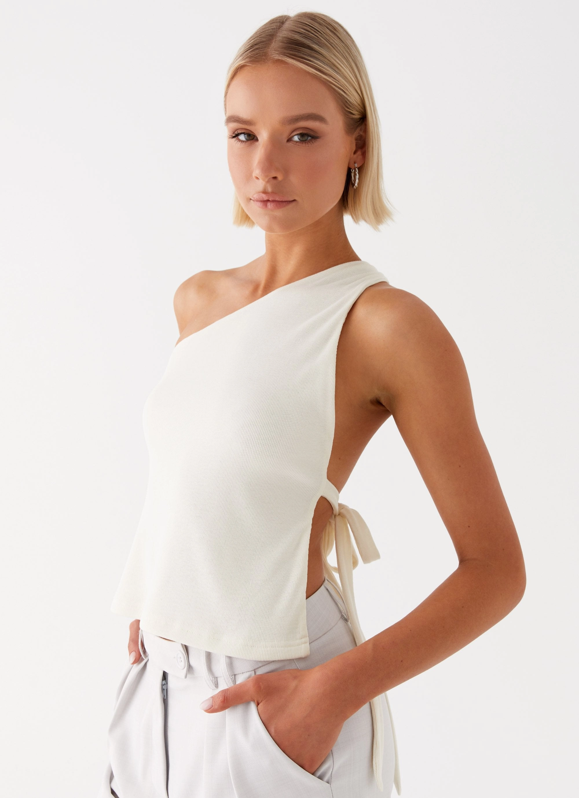 QuickDry Textile LowMaintenanceFabric Safiya One Shoulder Top - White
