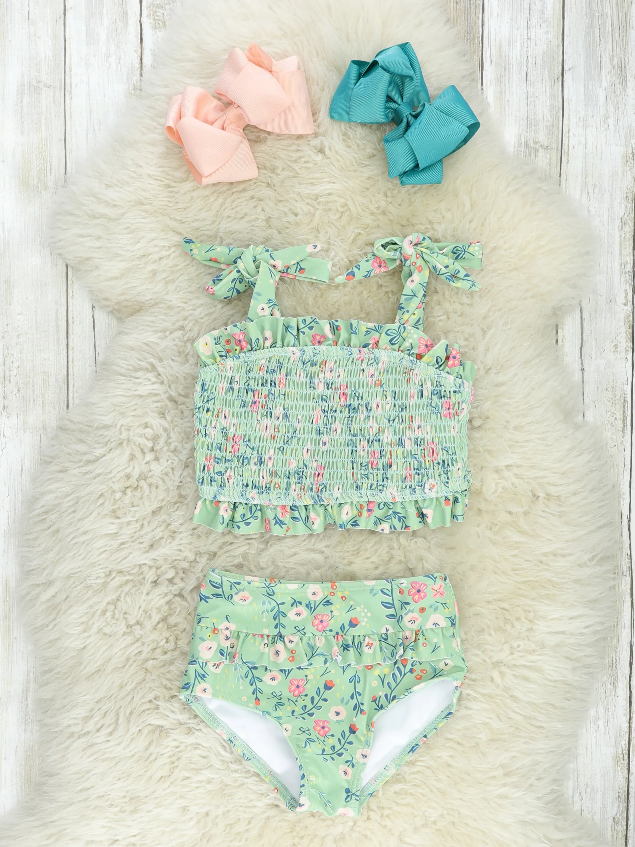 Sage Smocked Poppy Tie 2-Piece Swimsuit