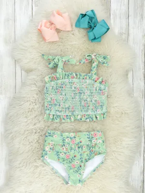 Sage Smocked Poppy Tie 2-Piece Swimsuit