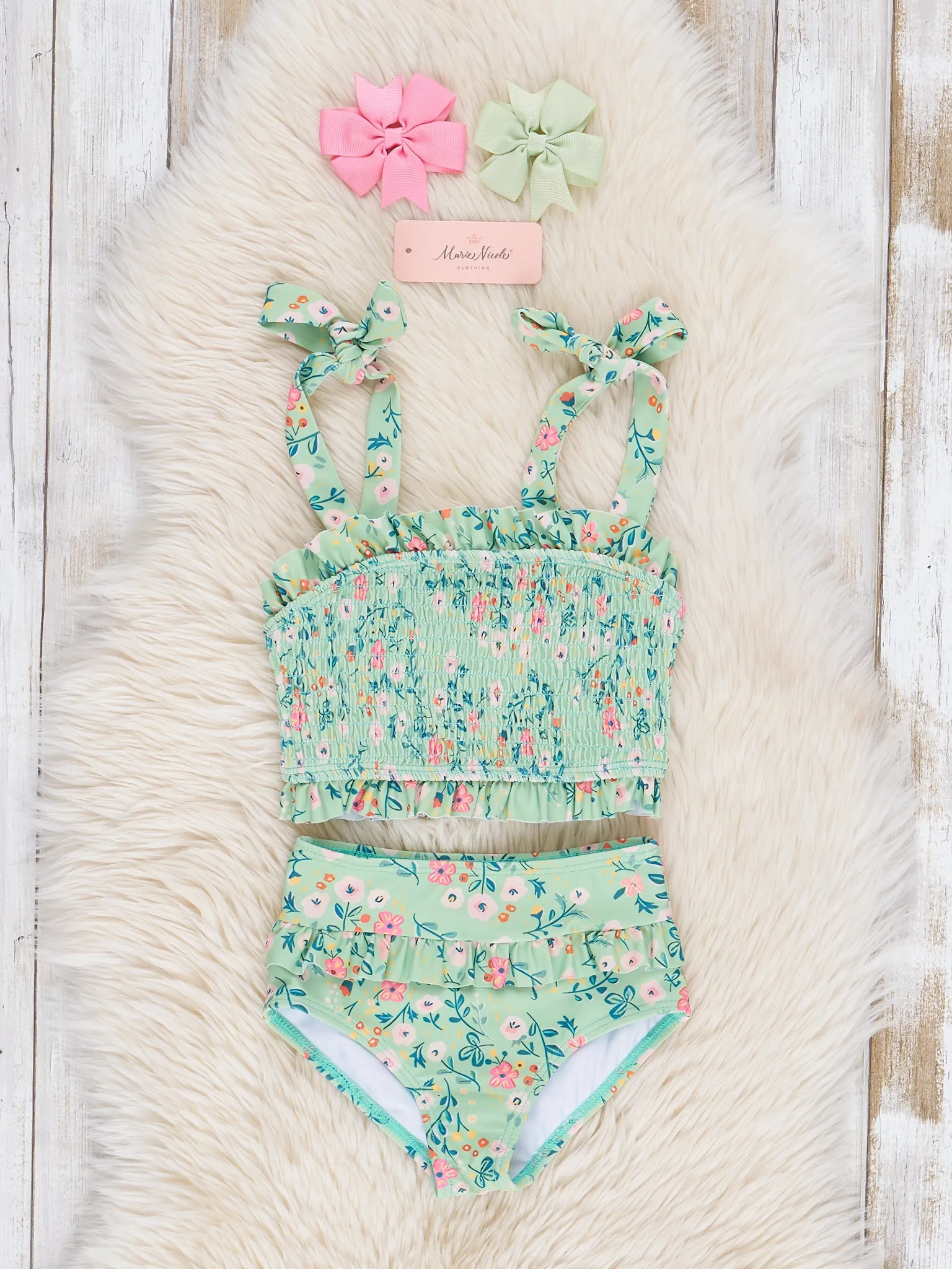 Sage Smocked Poppy Tie 2-Piece Swimsuit