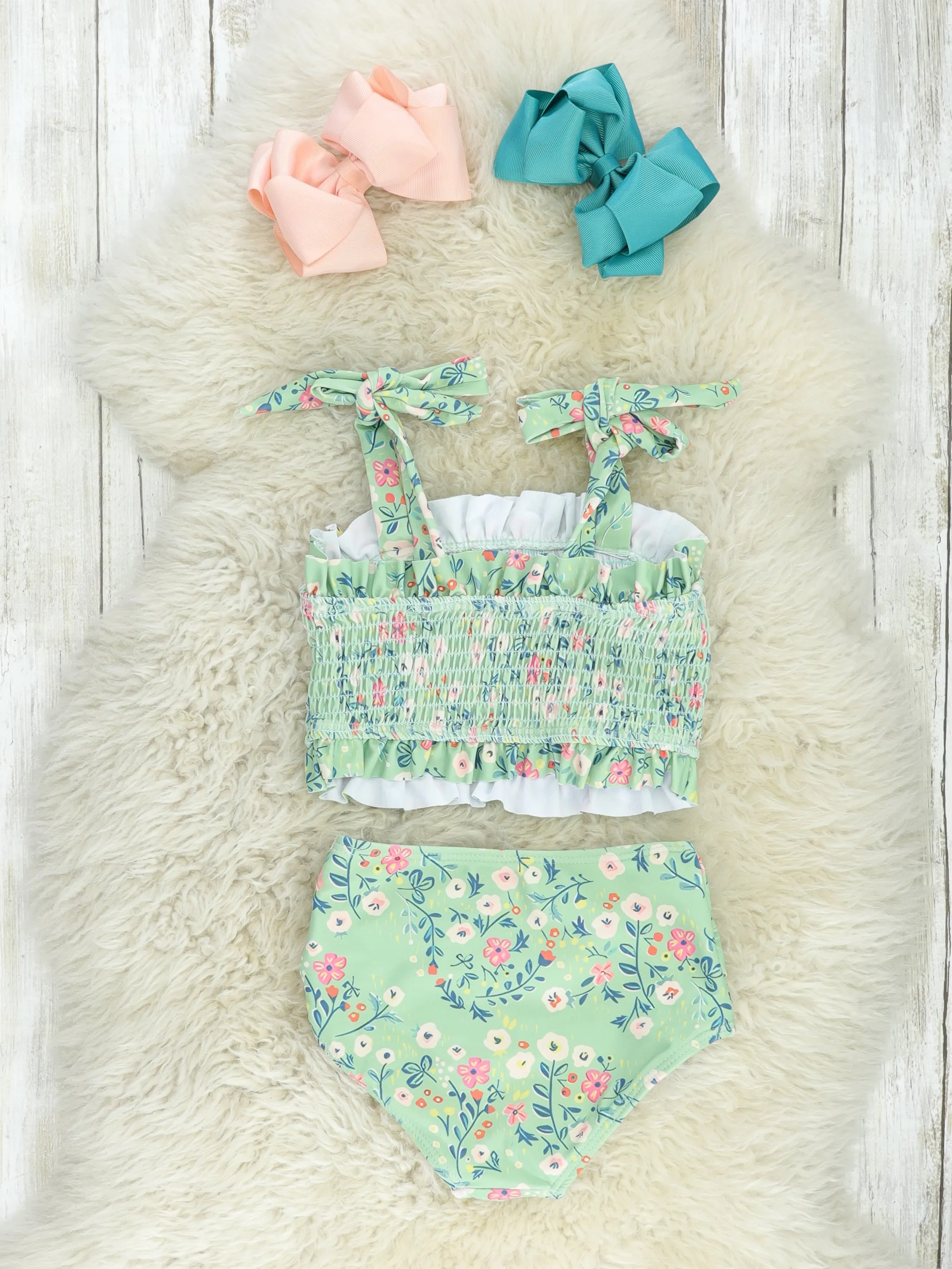 Sage Smocked Poppy Tie 2-Piece Swimsuit
