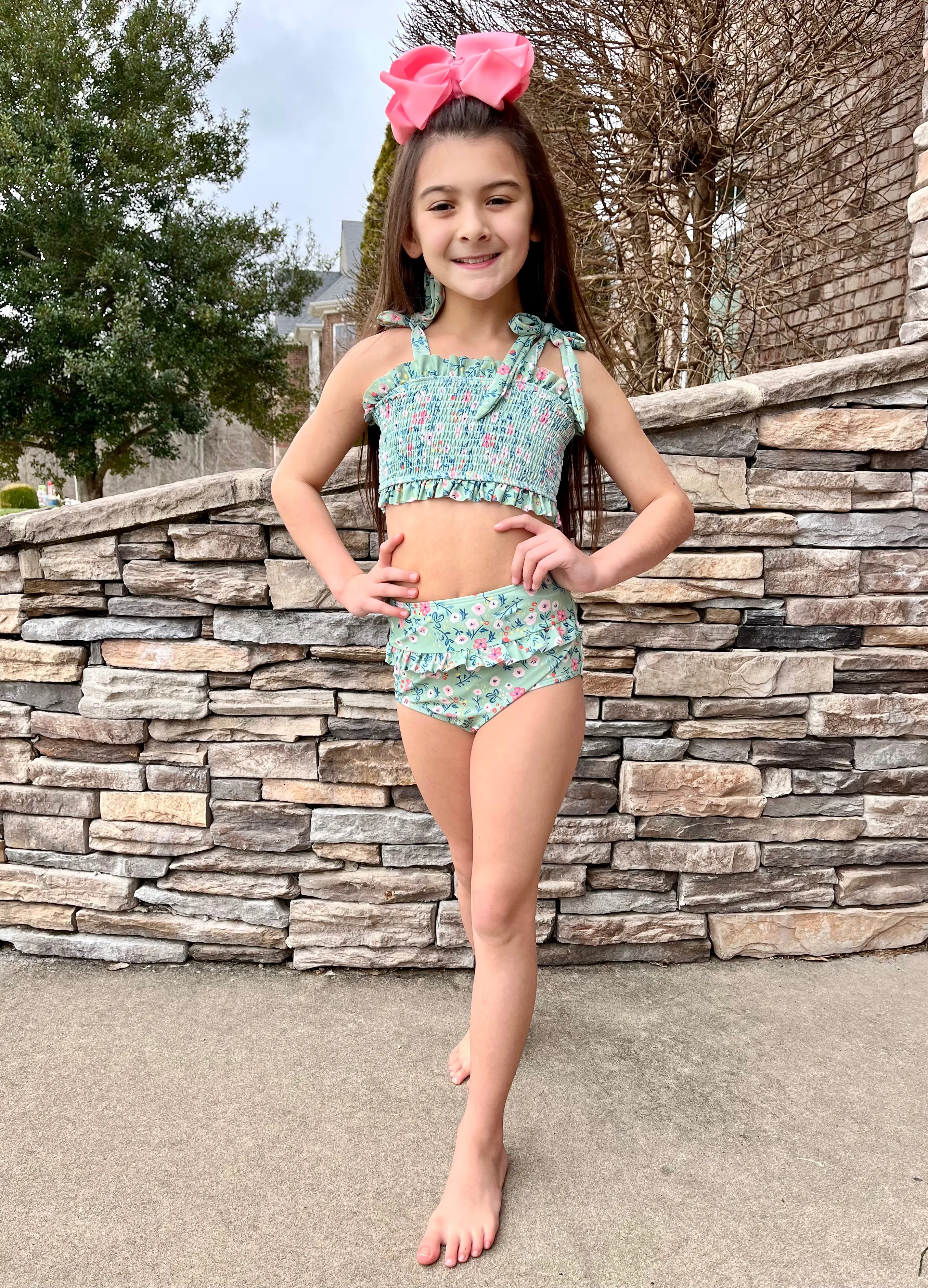 Sage Smocked Poppy Tie 2-Piece Swimsuit