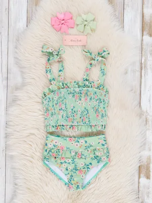 Sage Smocked Poppy Tie 2-Piece Swimsuit