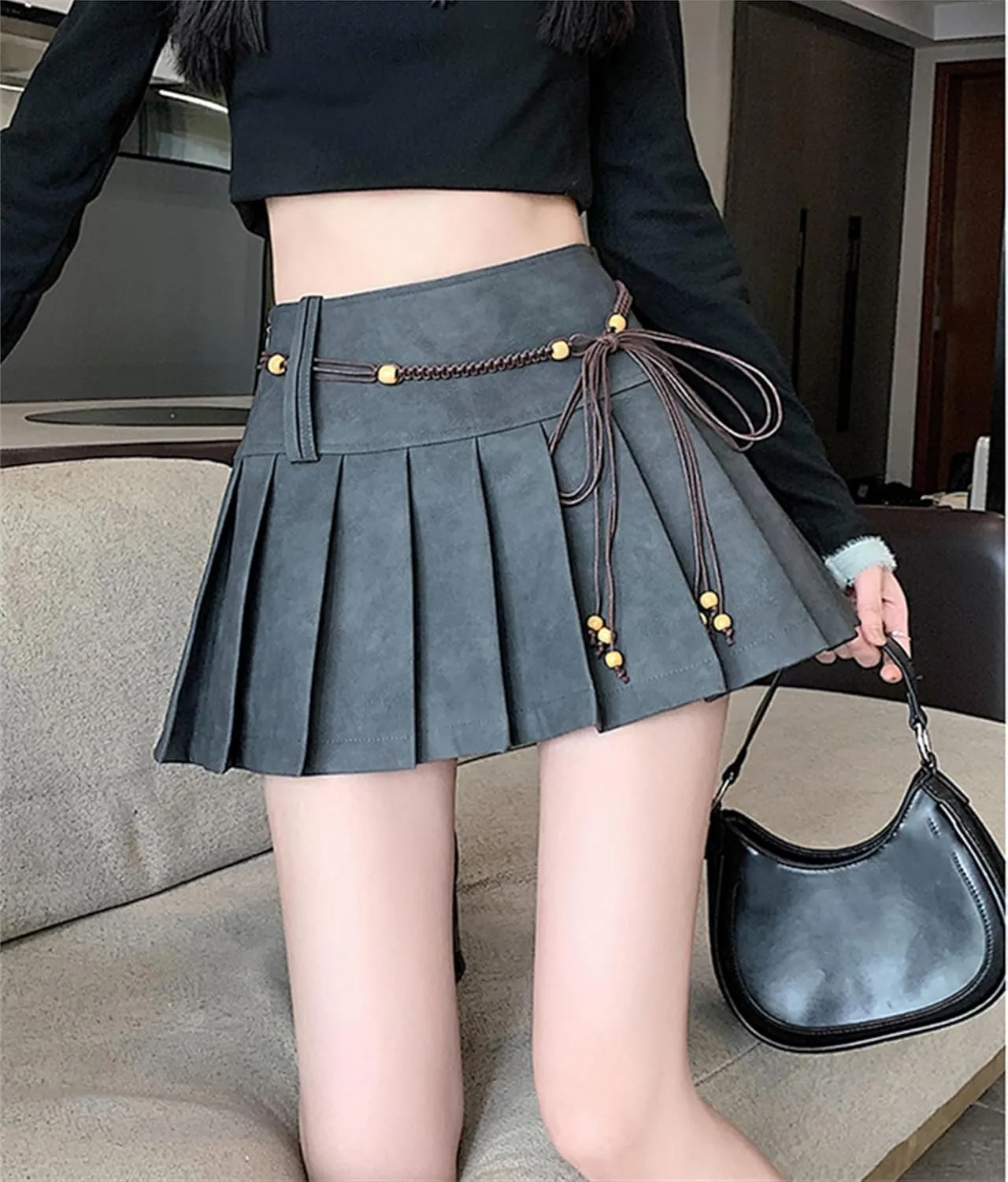 SANGTREE Women's PU Leather A Line Pleated Mini Skirts with Belt