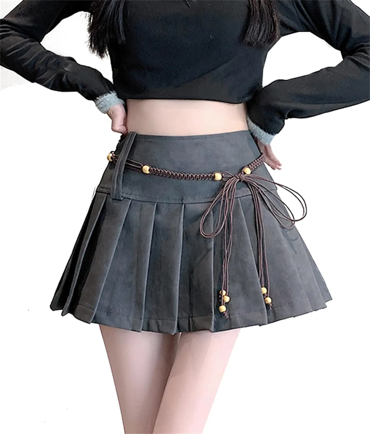 SANGTREE Women's PU Leather A Line Pleated Mini Skirts with Belt