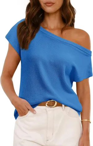 Saodimallsu Womens Off One Shoulder Sweater Tops Summer Short Sleeve Casual Loose Knit Trendy Going Out Tops