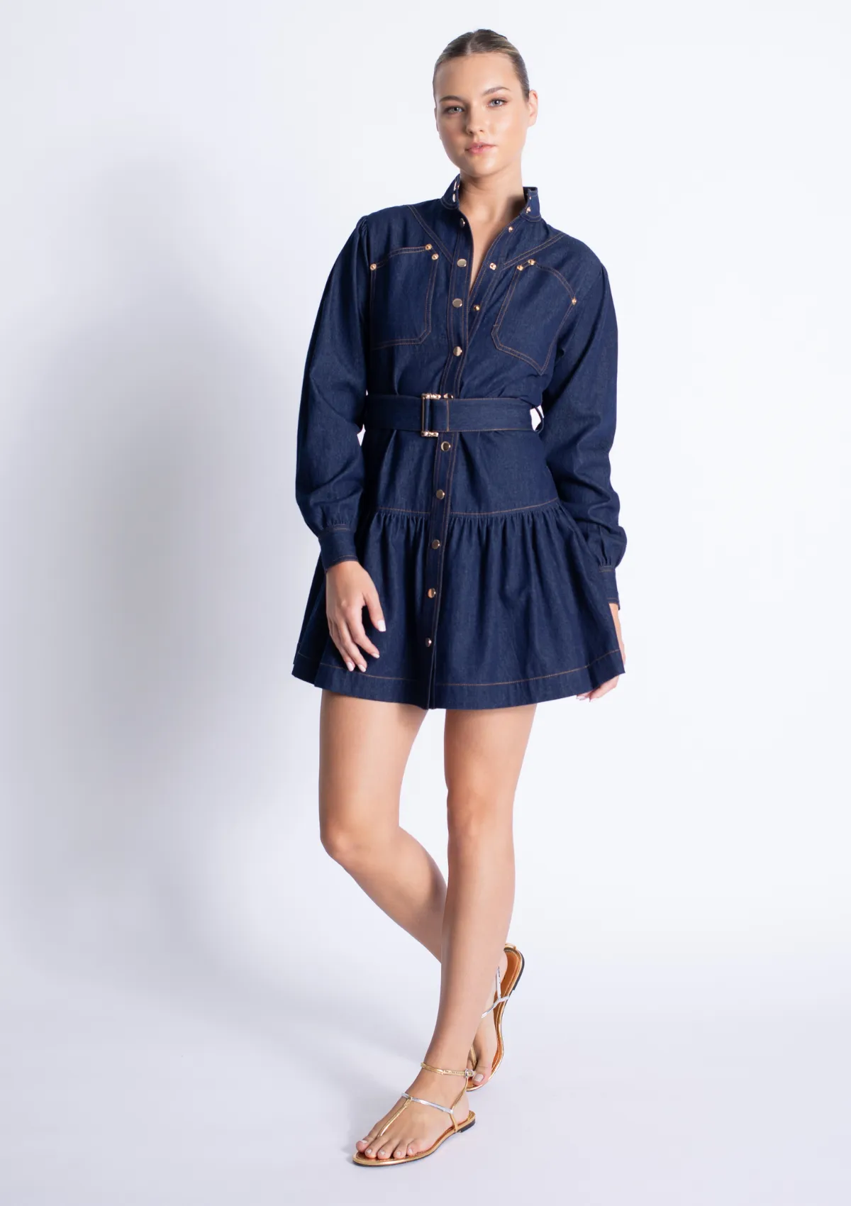 Saraswati Denim Mini Dress Waist-Cinching Luxe Fabric