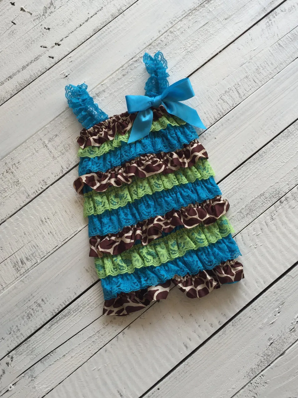 Satin & Lace Petti Romper - Giraffe Print Satin, Lime and Blue Lace