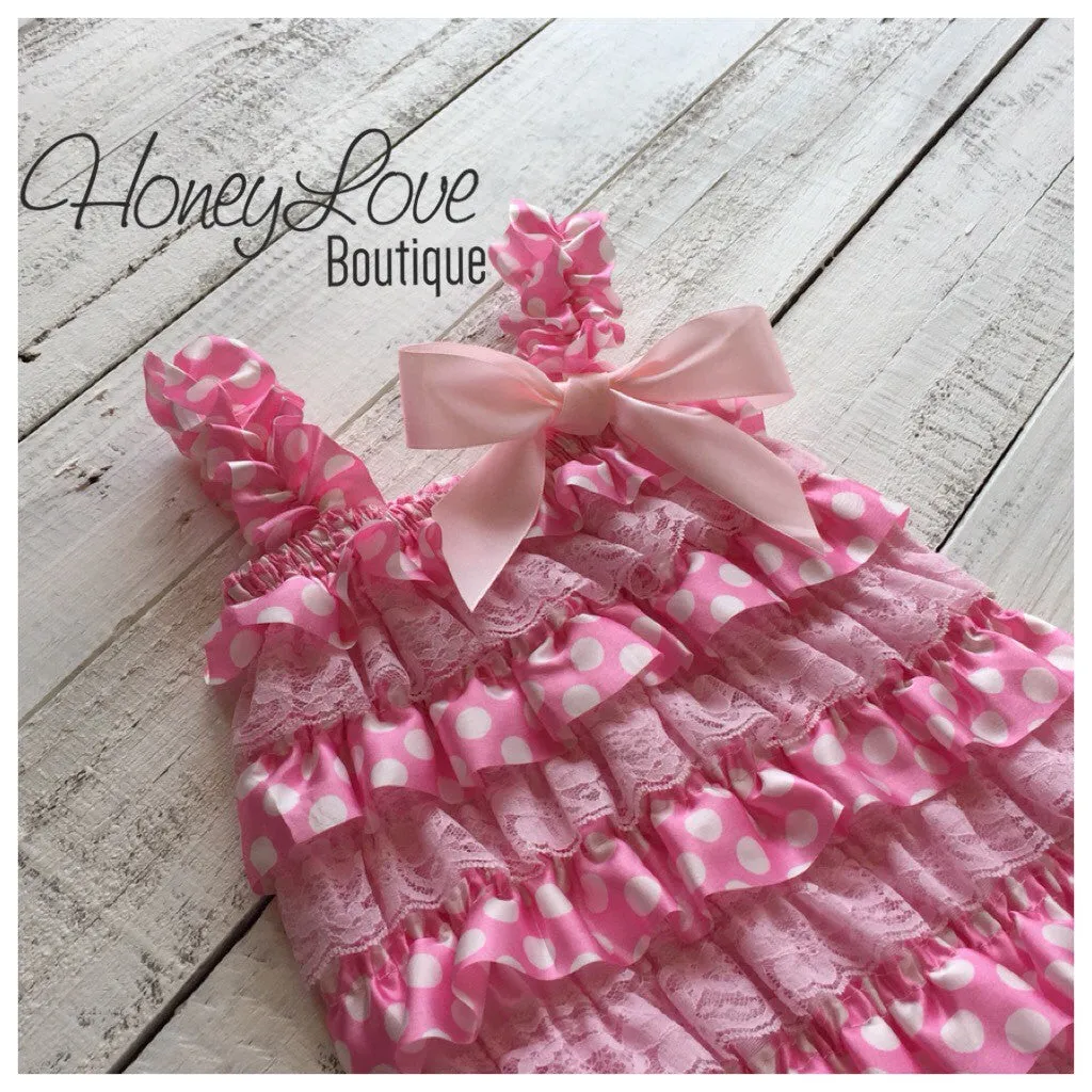 Satin & Lace Petti Romper - Light Pink and White Polka Dot - matching headband