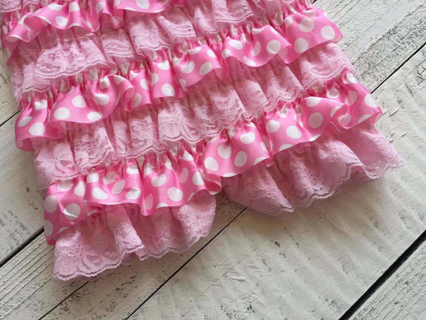 Satin & Lace Petti Romper - Light Pink and White Polka Dot - matching headband