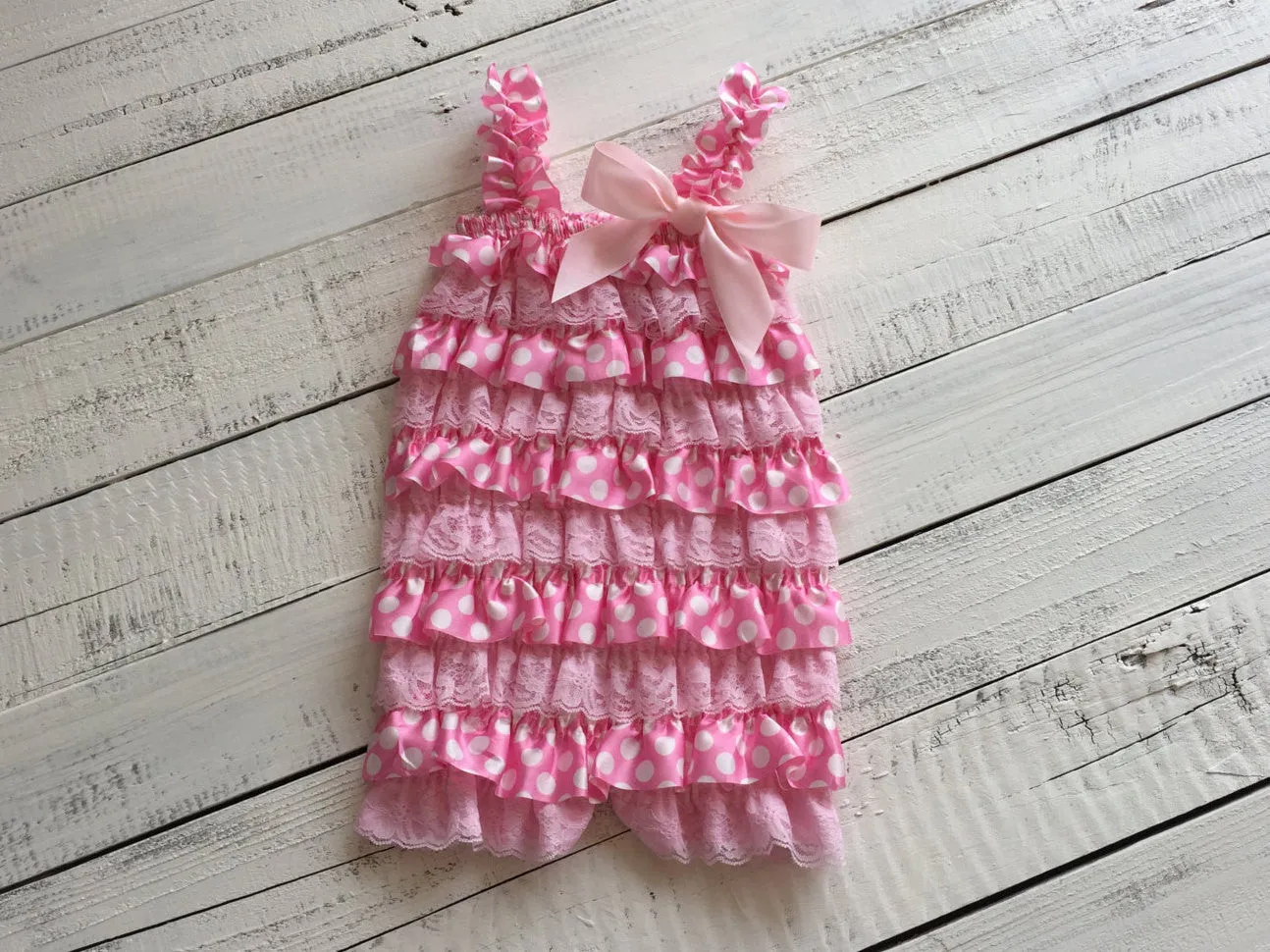 Satin & Lace Petti Romper - Light Pink and White Polka Dot - matching headband