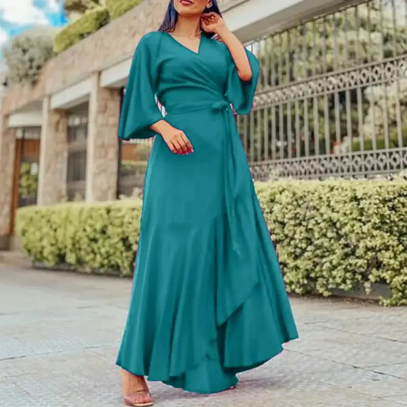 Satin Belted Ruffled Maxi V Neck Dress