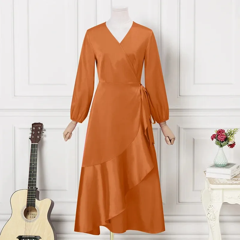 Satin Belted Ruffled Maxi V Neck Dress