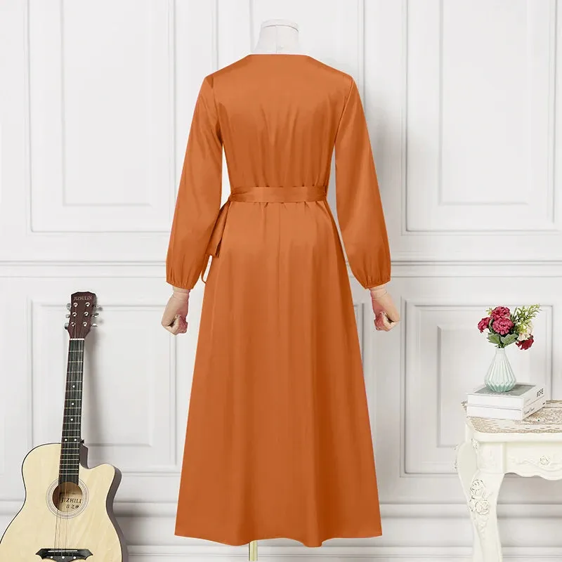 Satin Belted Ruffled Maxi V Neck Dress