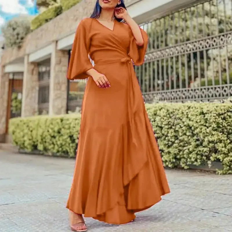Satin Belted Ruffled Maxi V Neck Dress