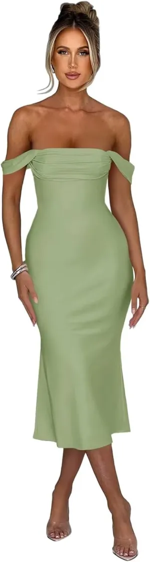 Satin Mermaid Prom Dresses Off Shoulder Bridesmaid Dresses Midi Formal Evening Party Gowns