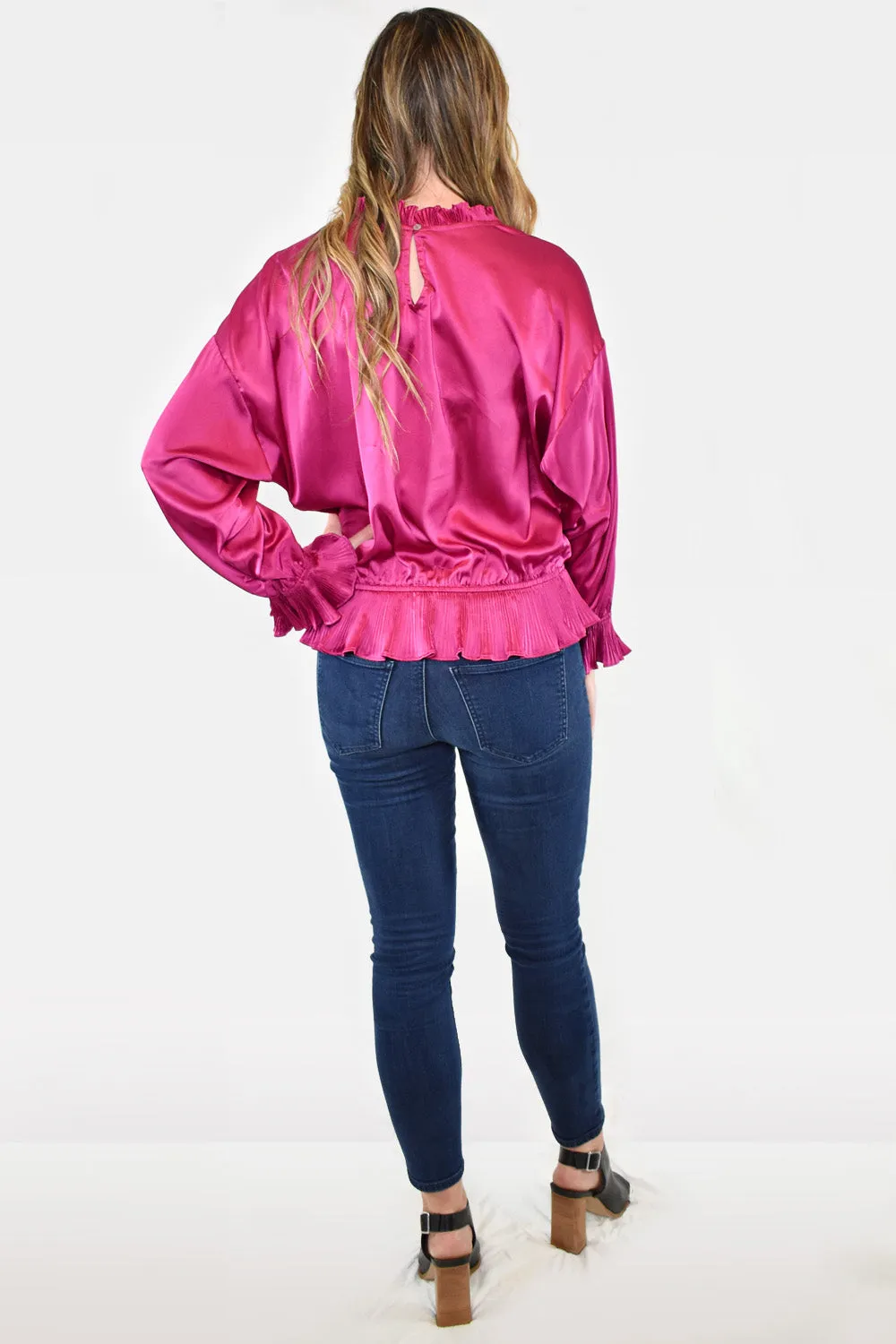 Satin Smocked Pleated Peplum Top by Jodifl Clothing