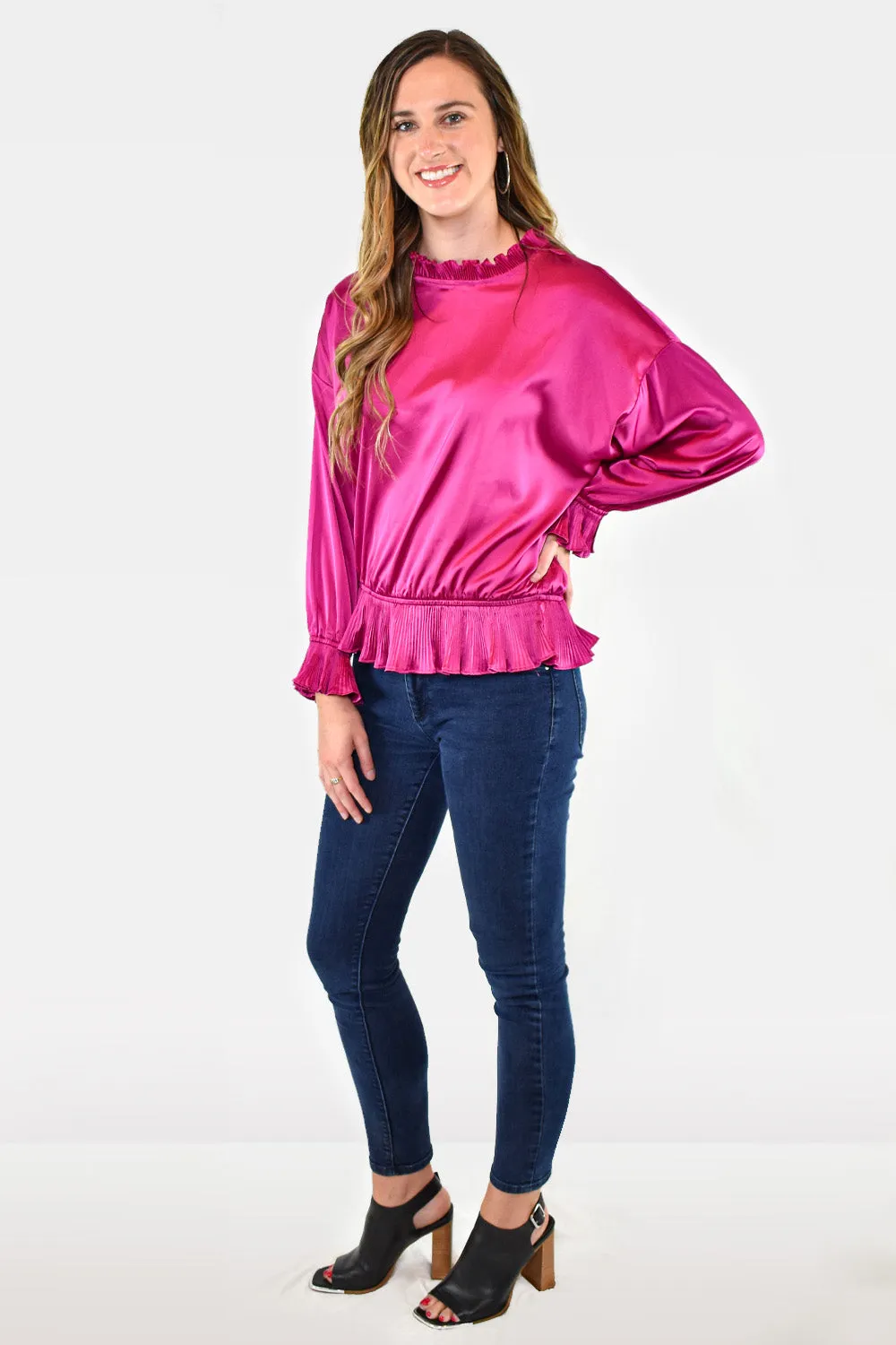 Satin Smocked Pleated Peplum Top by Jodifl Clothing