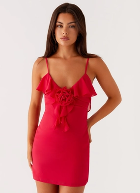 Satin Style Haylie Mini Dress - Raspberry Playful Cut Haylie Mini Dress - Raspberry