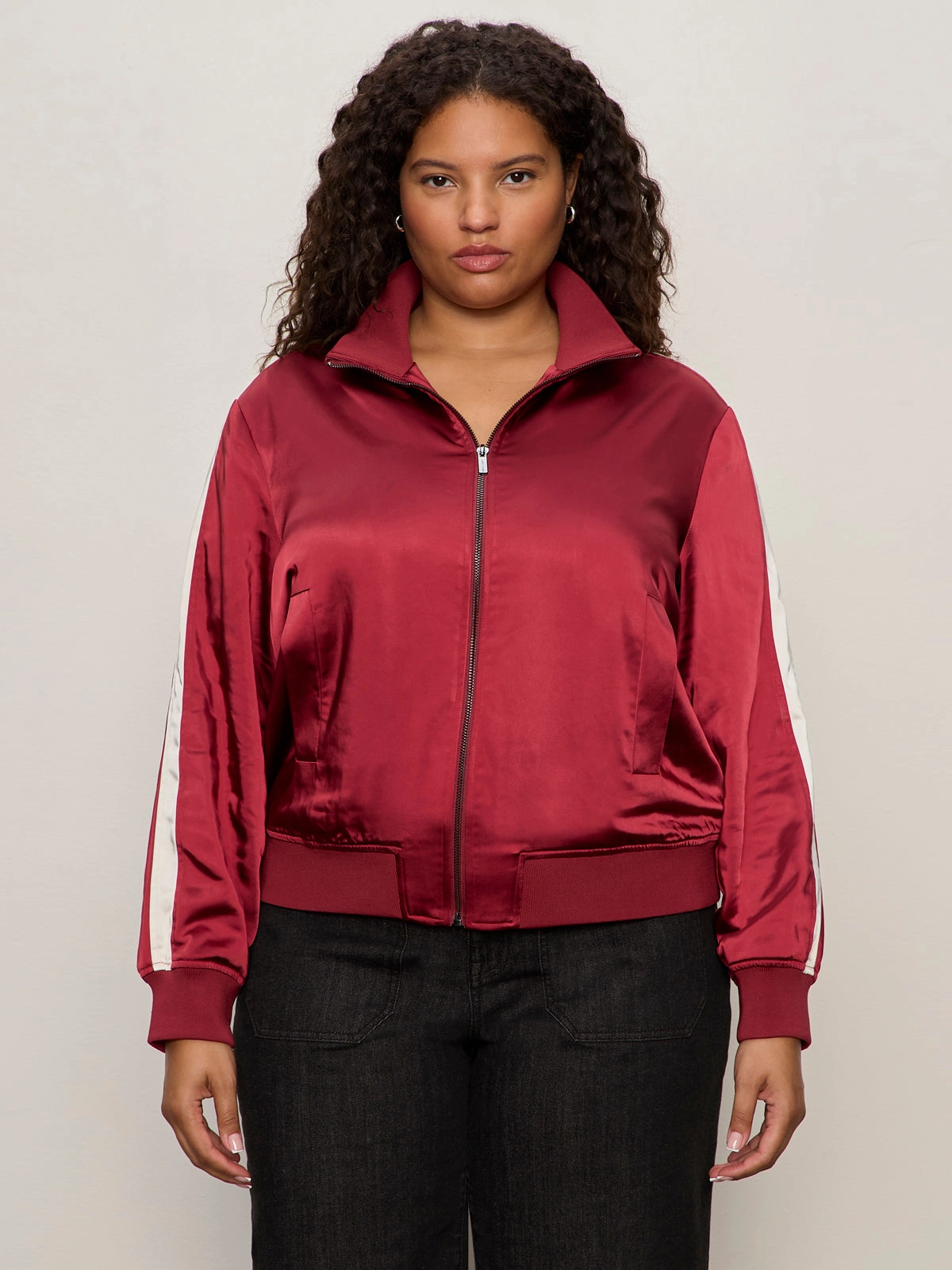 Satin Track Jacket Crimson Extended Sizing NonBulky Midweight Build Warm Outerwear