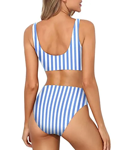 Scoop Neck Crop Top For Women Sports Two Piece Bikini For Women-Blue Stripes