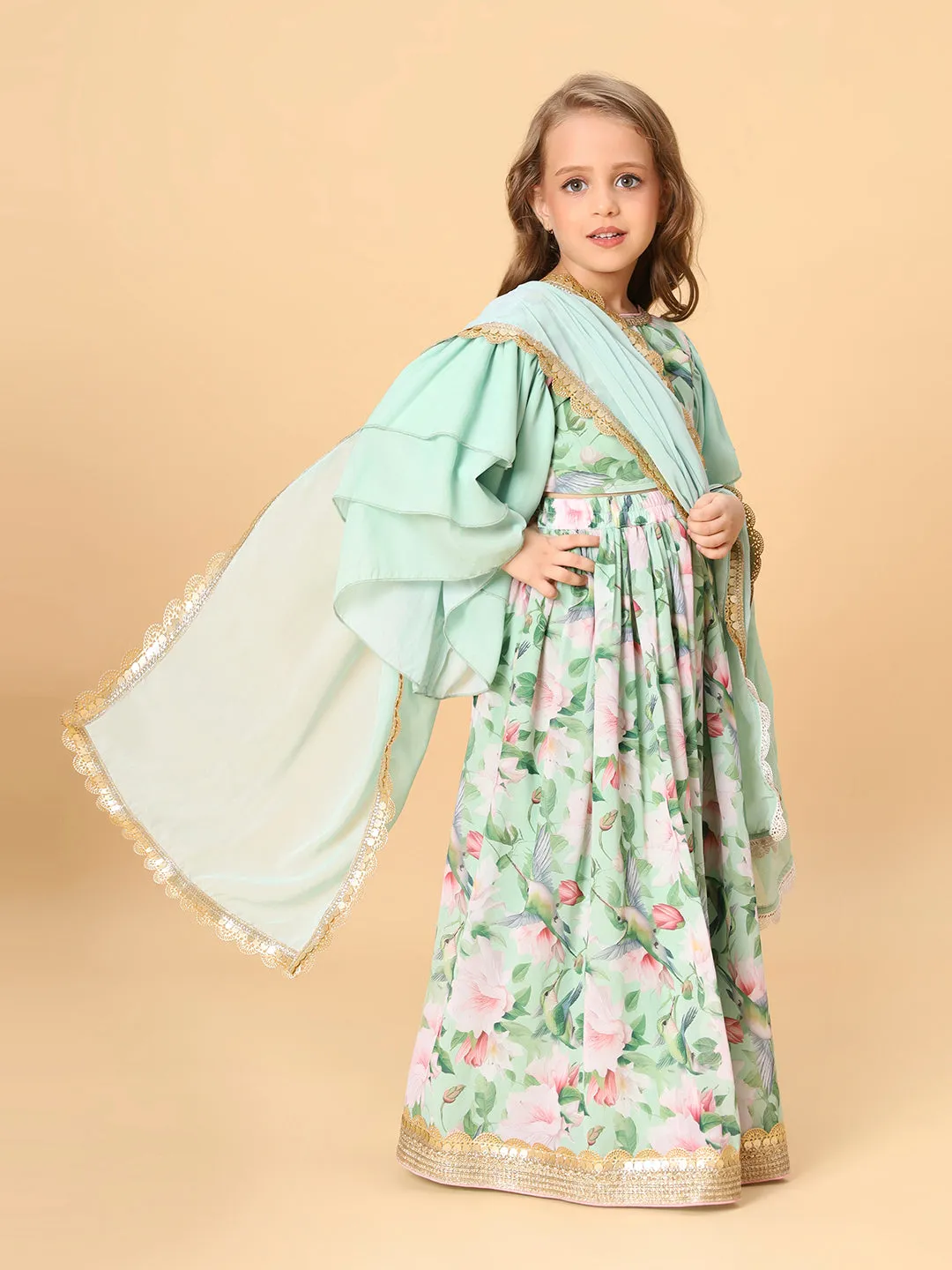 Sea Green Three Piece Party Wear Lehanga Top Set