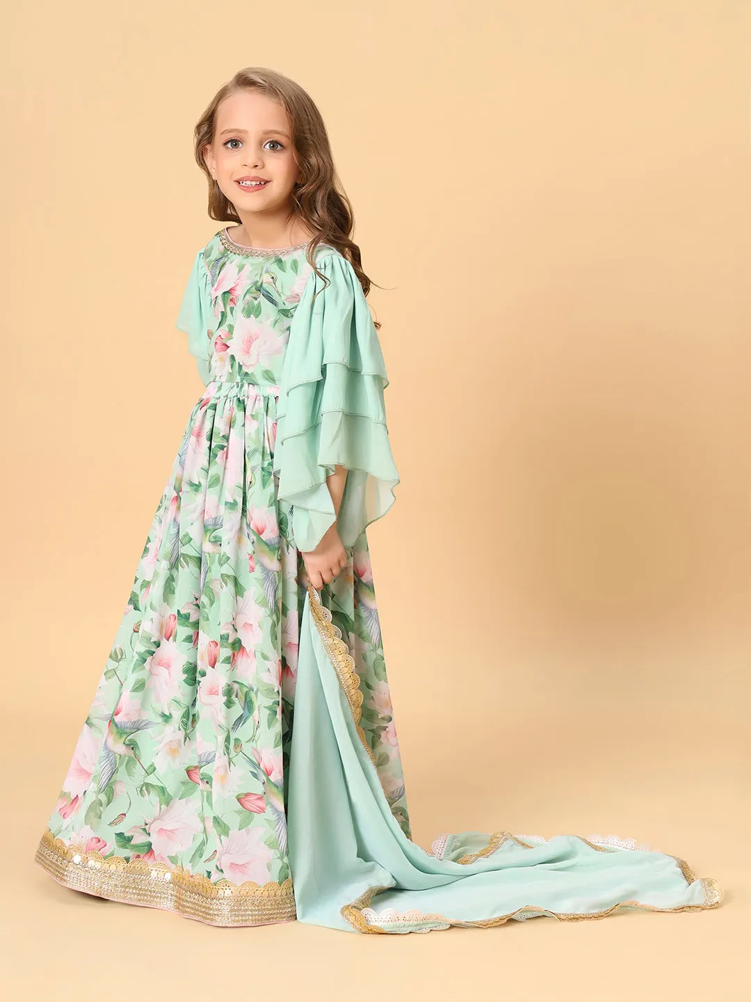 Sea Green Three Piece Party Wear Lehanga Top Set