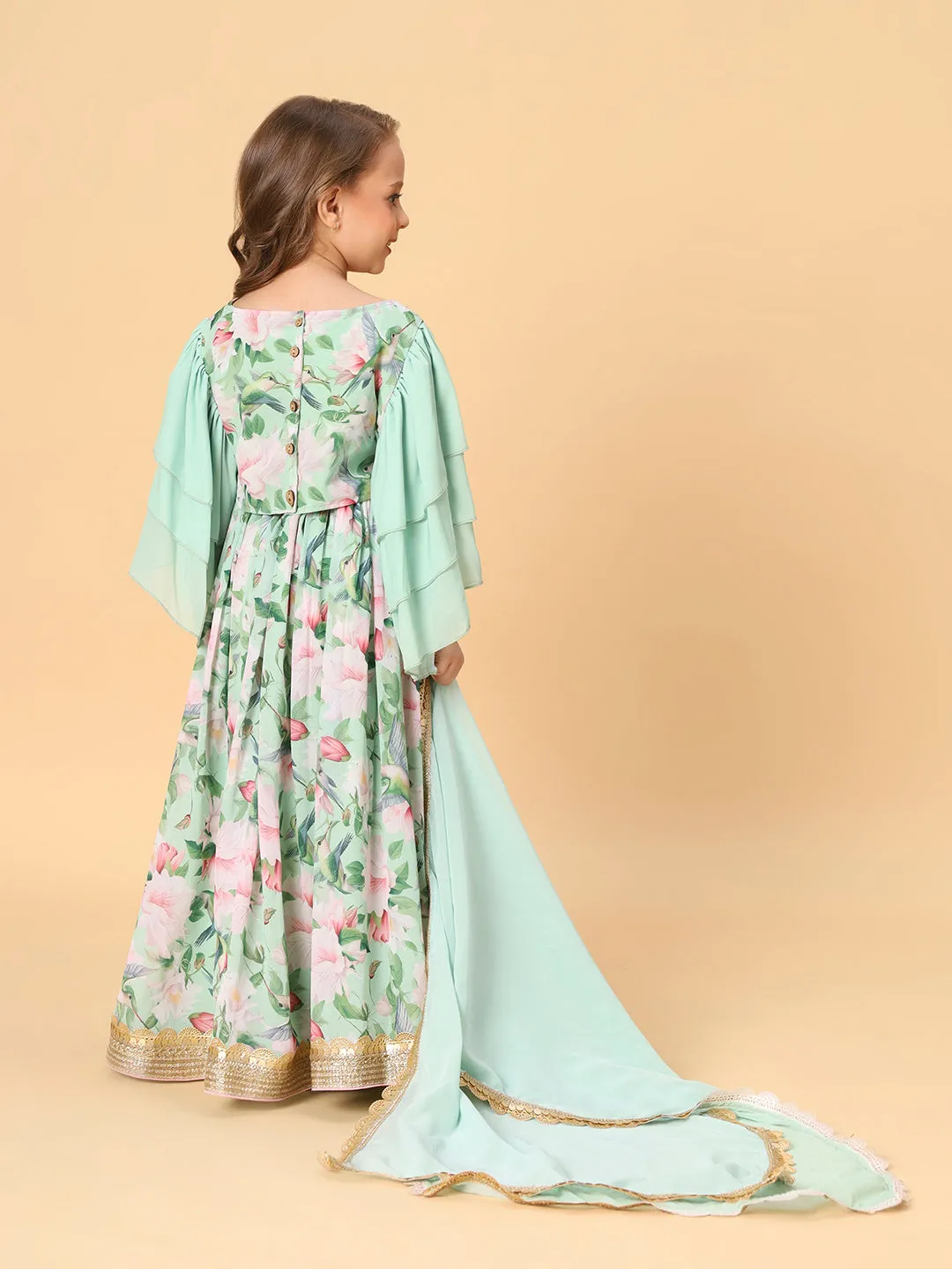 Sea Green Three Piece Party Wear Lehanga Top Set