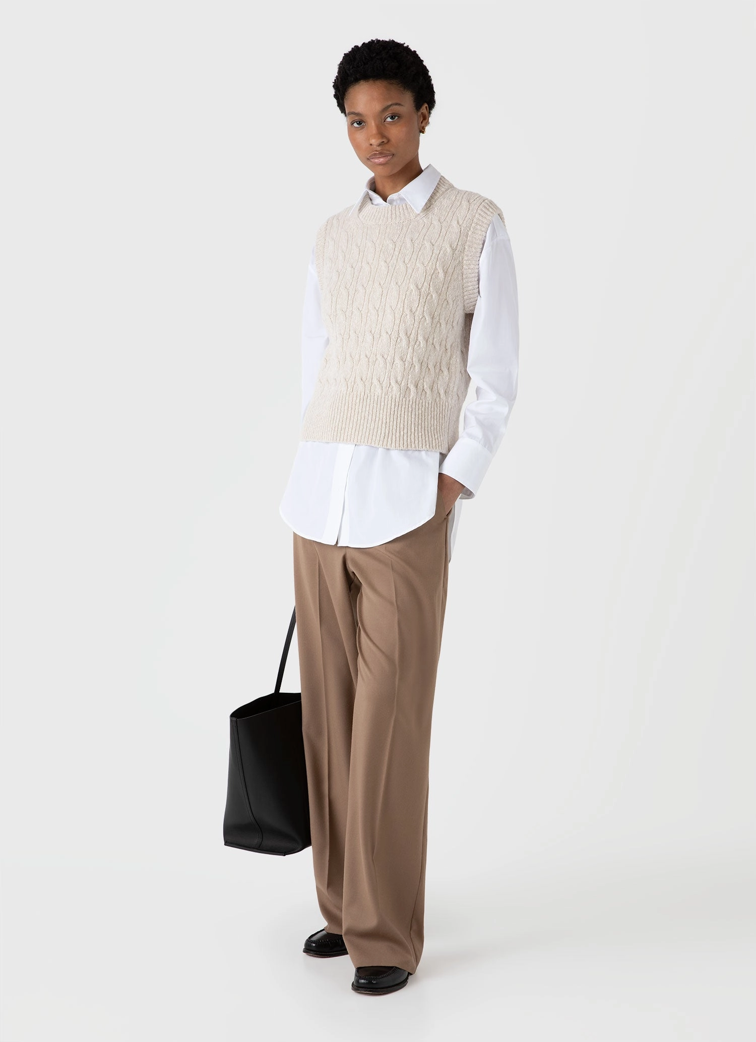 Cozy Interior Fleece Stain Release Coating Women's Cable Knit Vest in Ecru