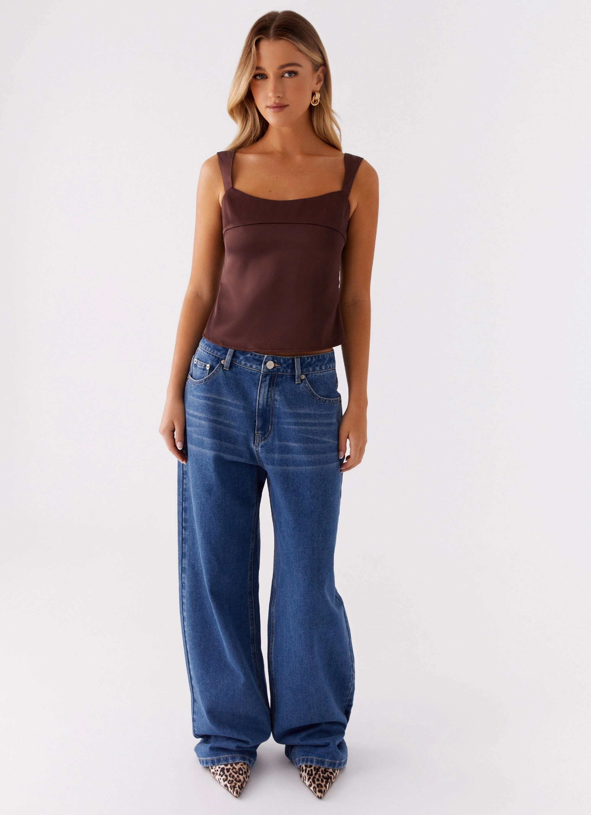 Reinforced Neckline Lylah Satin Top - Brown