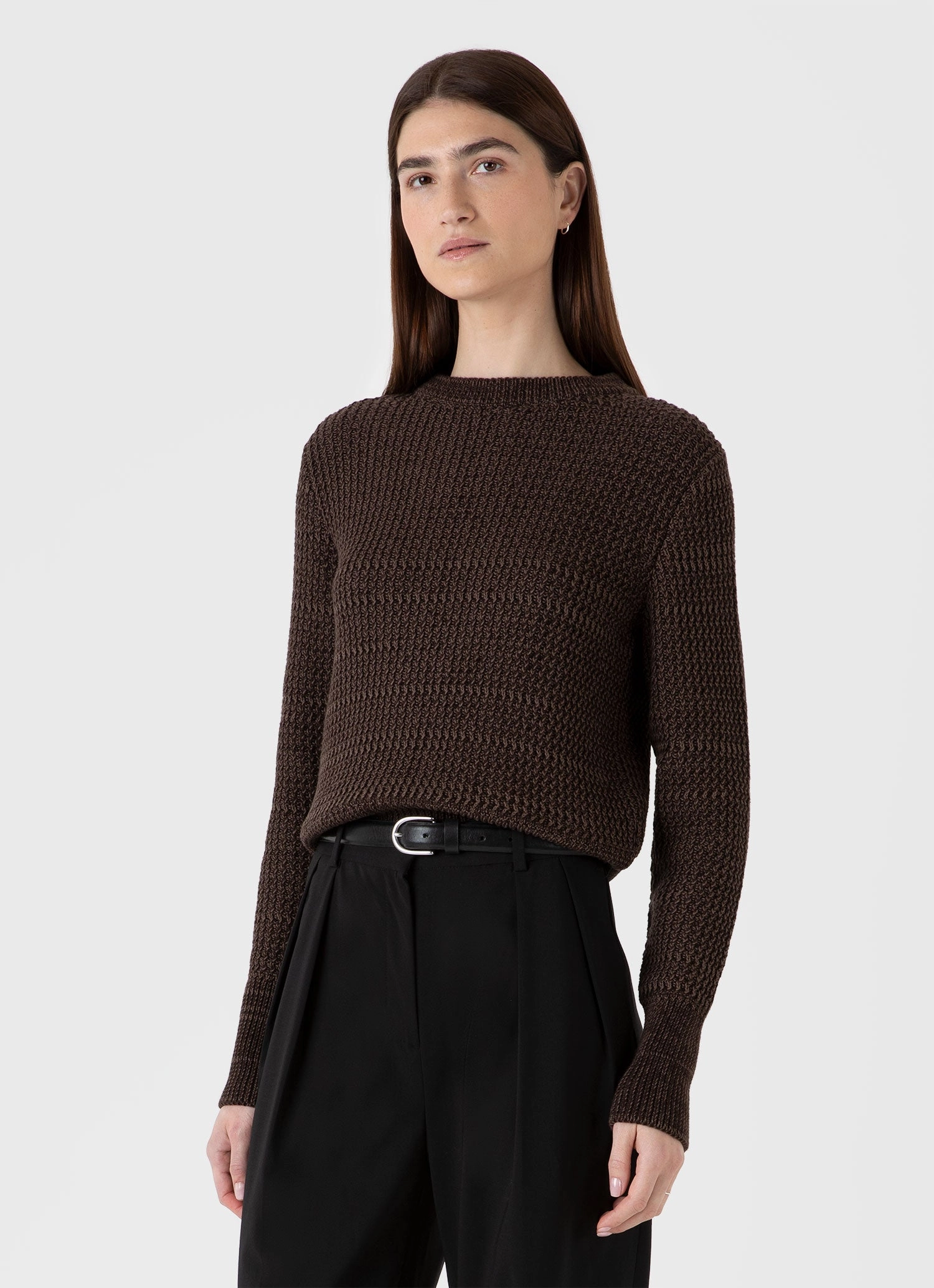 Women's Cotton Stitch Jumper in Coffee Twist Snag Resistant Surface