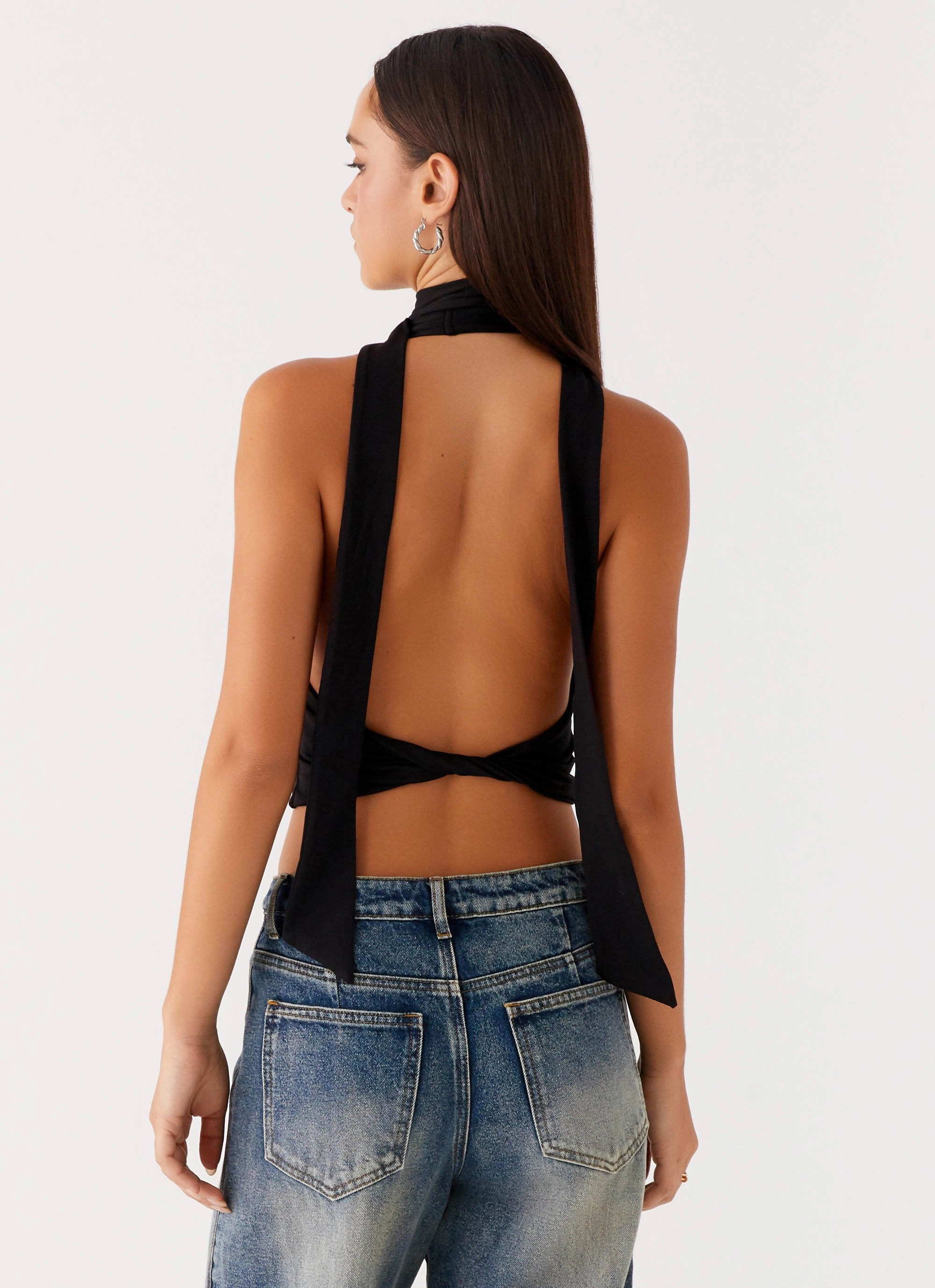 Chrysta Halterneck Top - Black Roll Up Sleeve Design FlexibleRibbedTrims