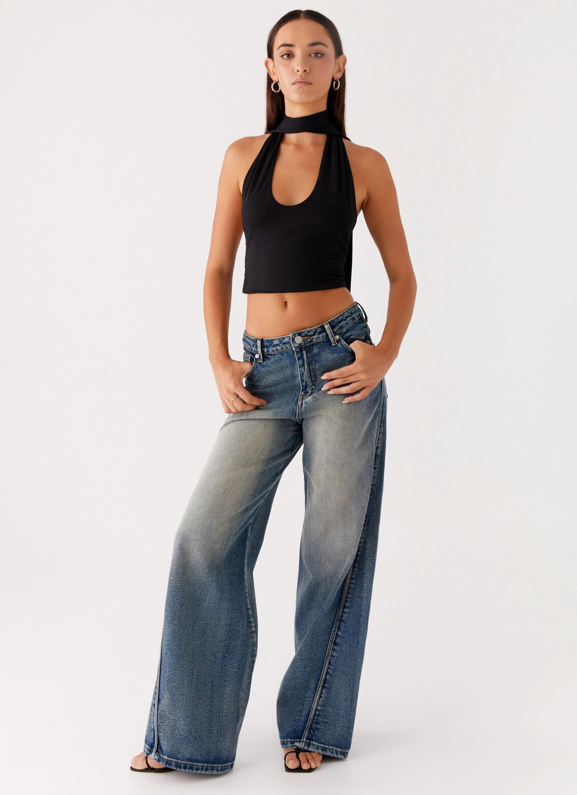 DoubleLayeredFabric Bound Edges Chrysta Halterneck Top - Black