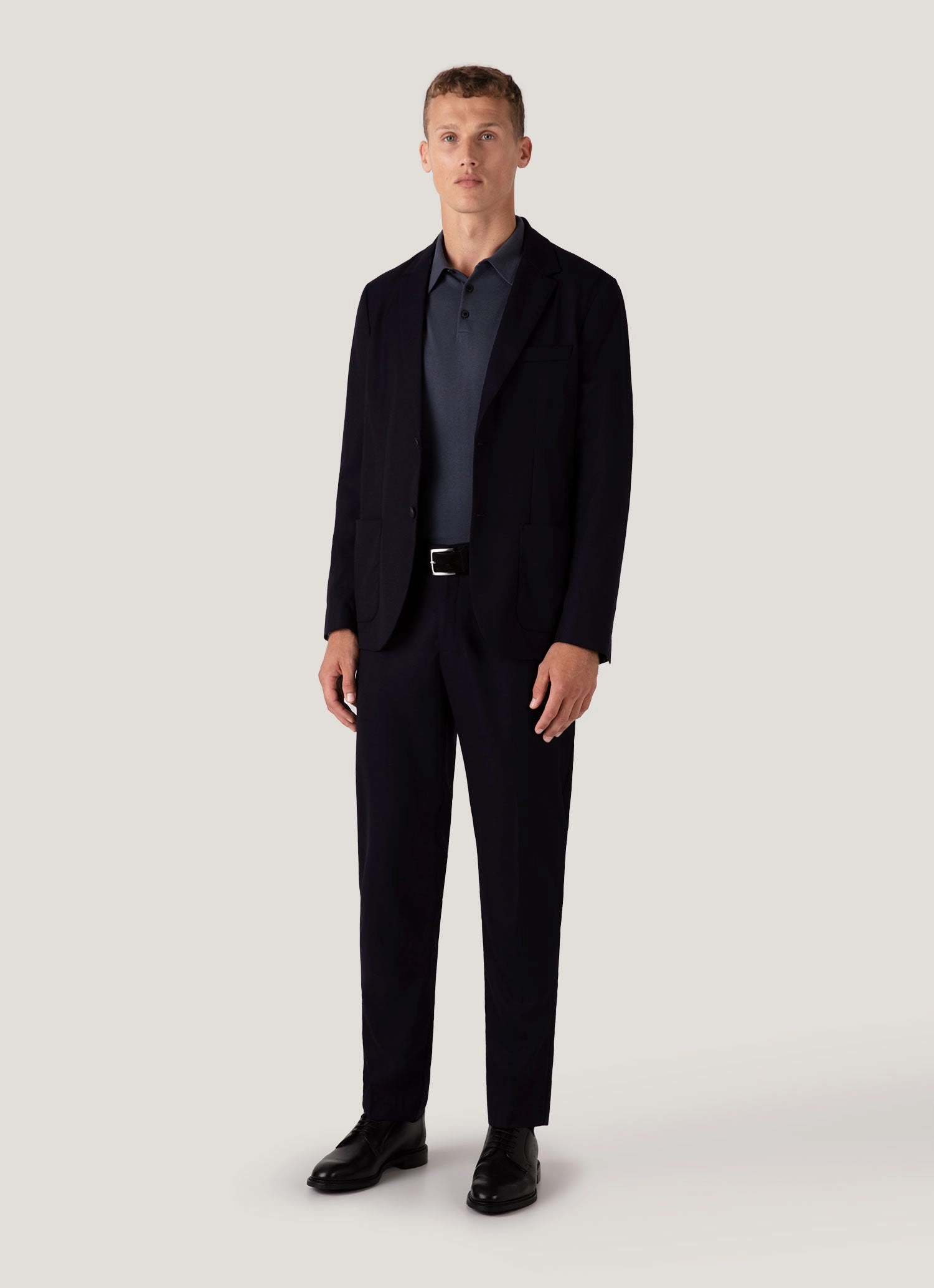 Men's Long Sleeve Sea Island Cotton Knit Polo Shirt in Slate Blue SlimFit Design