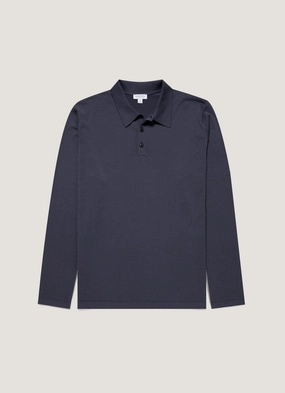 Fashion Comfort Club Attire Men's Long Sleeve Sea Island Cotton Knit Polo Shirt in Slate Blue