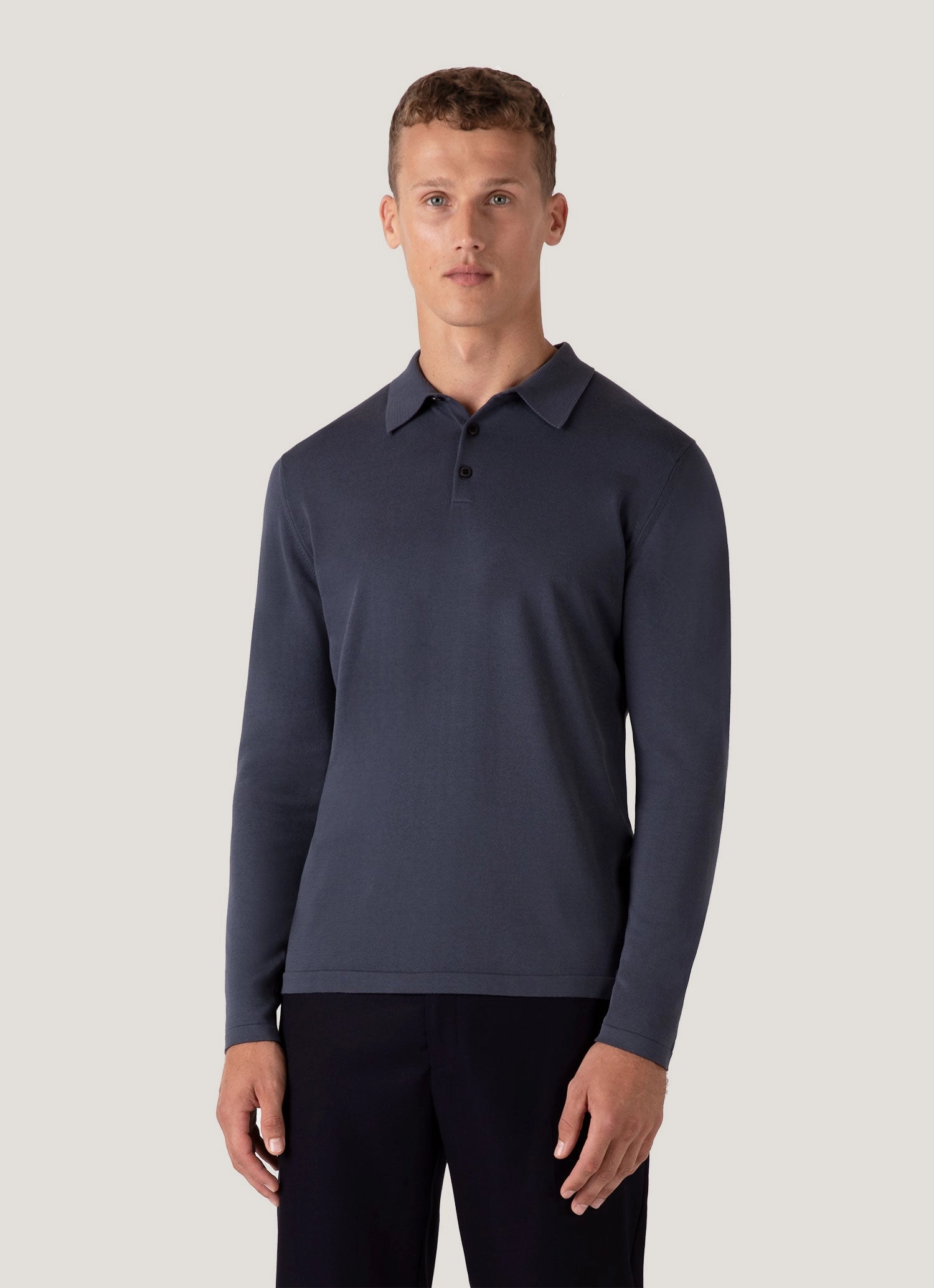 Luxury Fit Compact Knit Structure Men's Long Sleeve Sea Island Cotton Knit Polo Shirt in Slate Blue