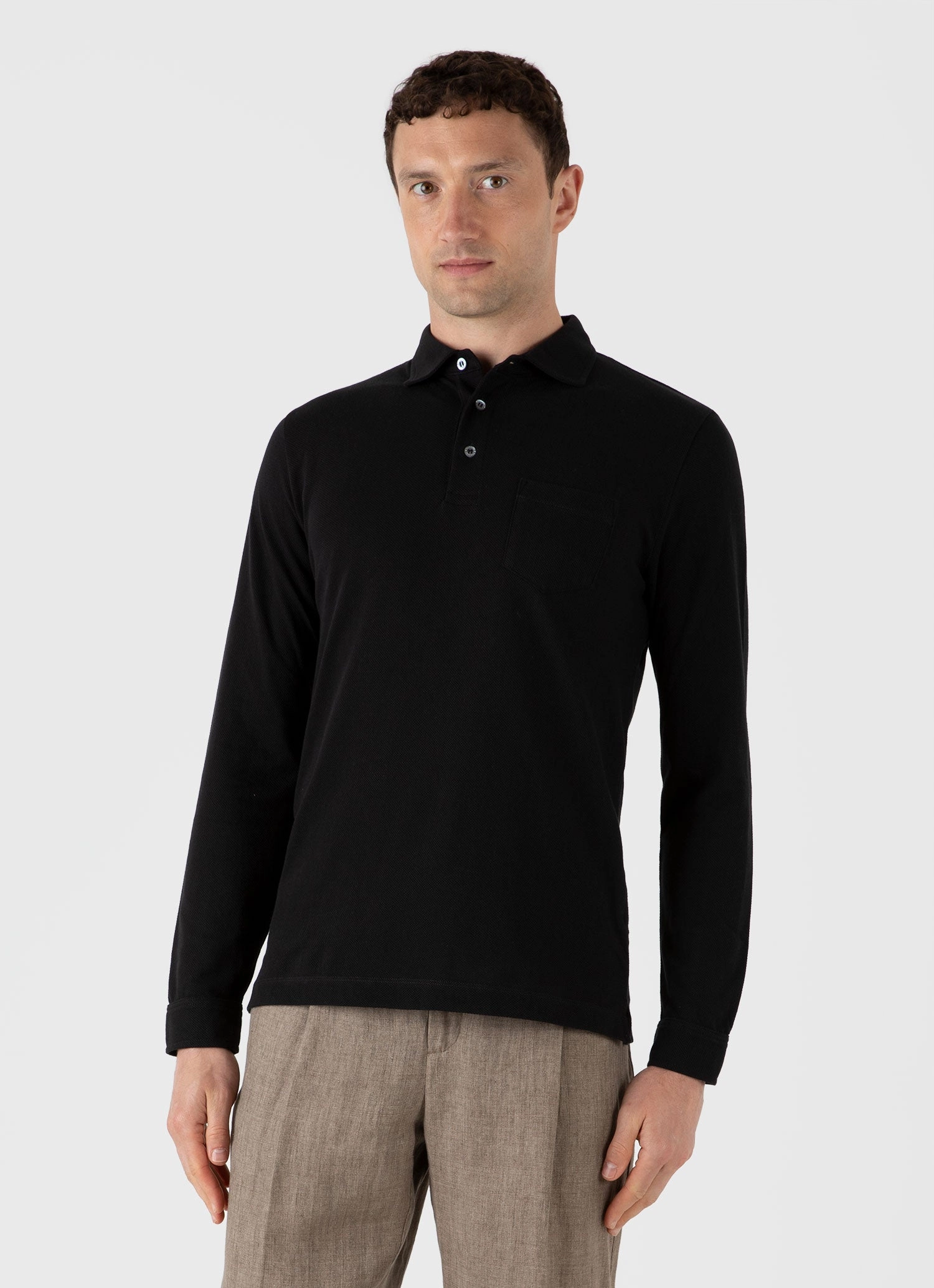 Men's WM Brown Long Sleeve Polo Shirt in Black Essential Comfort Breathable Stretch
