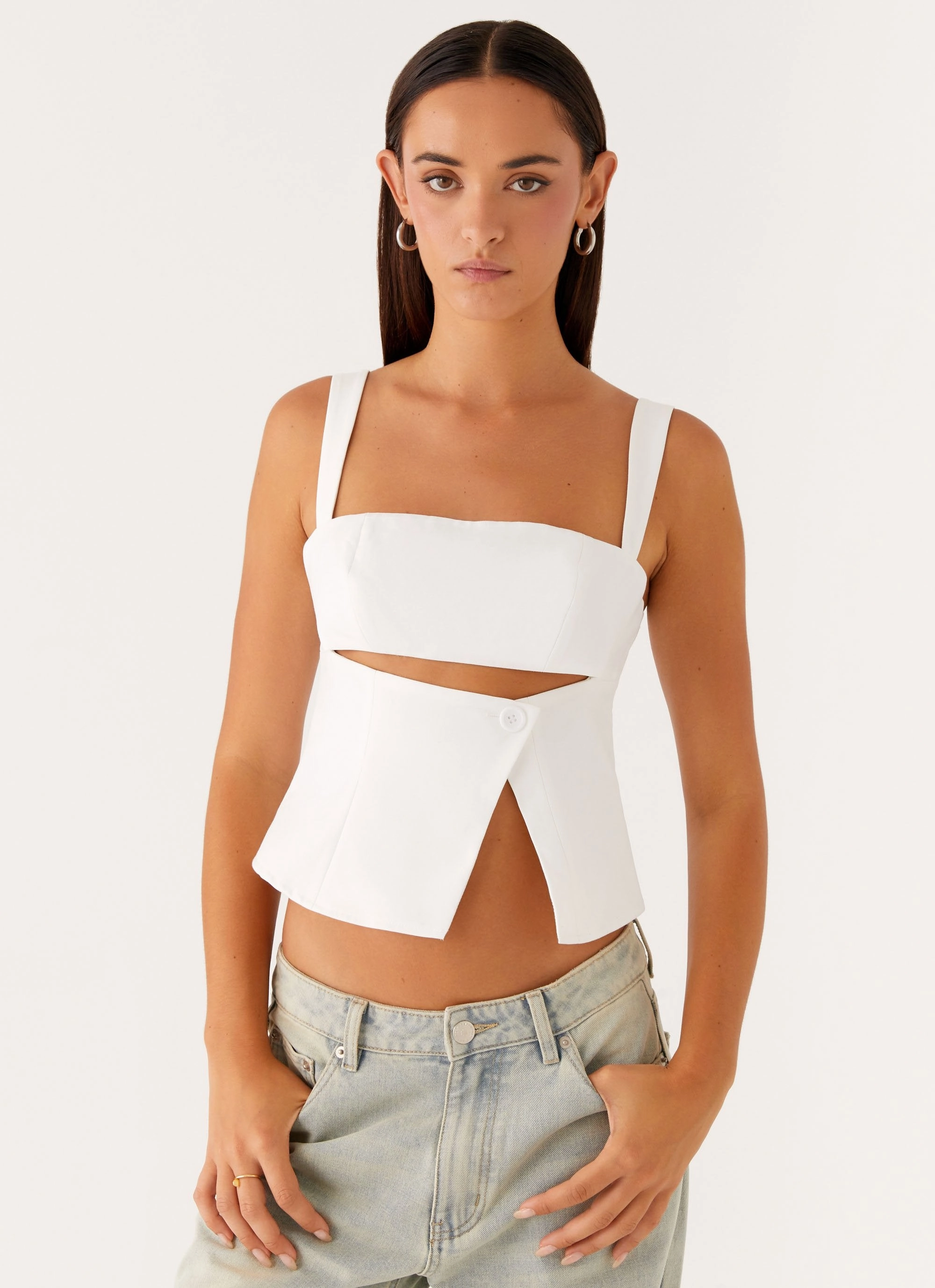 Pia Cut Out Top - White Ribbed Trim Details