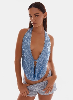 Rio Dreams Cowl Neck Halter Top - Blue FlexFoamInserts LightweightDesign