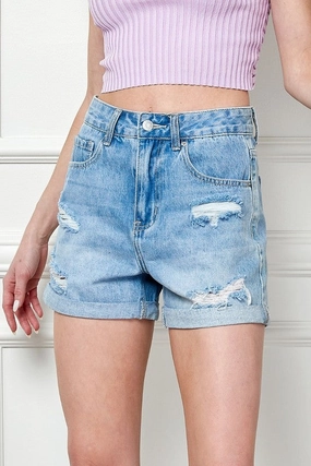 Season Ready Conner Washed Denim Distressed Roll Up Shorts Conner Washed Denim Distressed Roll Up Shorts Modern Outfit Light Fabric