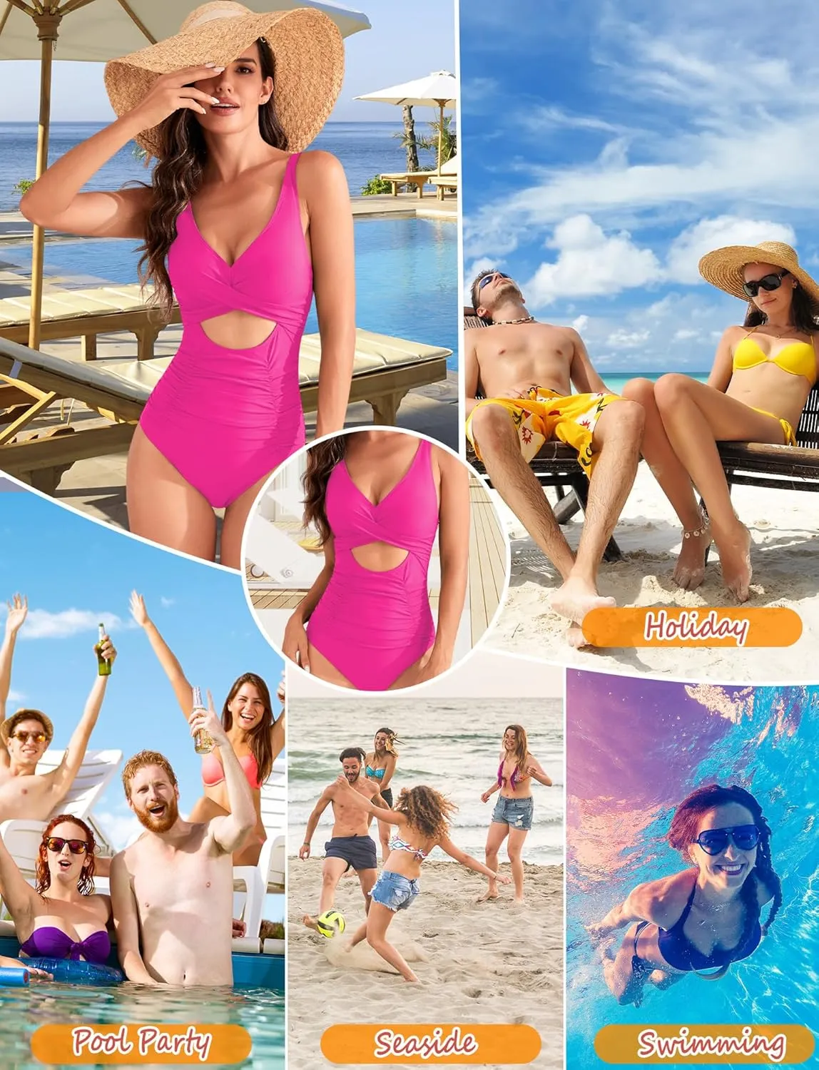SEAUR Womens Sexy One Piece Swimsuits V Neck Cutout Bathing Suits Tummy Control Monokini Swimwear