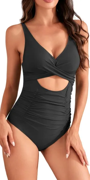 SEAUR Womens Sexy One Piece Swimsuits V Neck Cutout Bathing Suits Tummy Control Monokini Swimwear