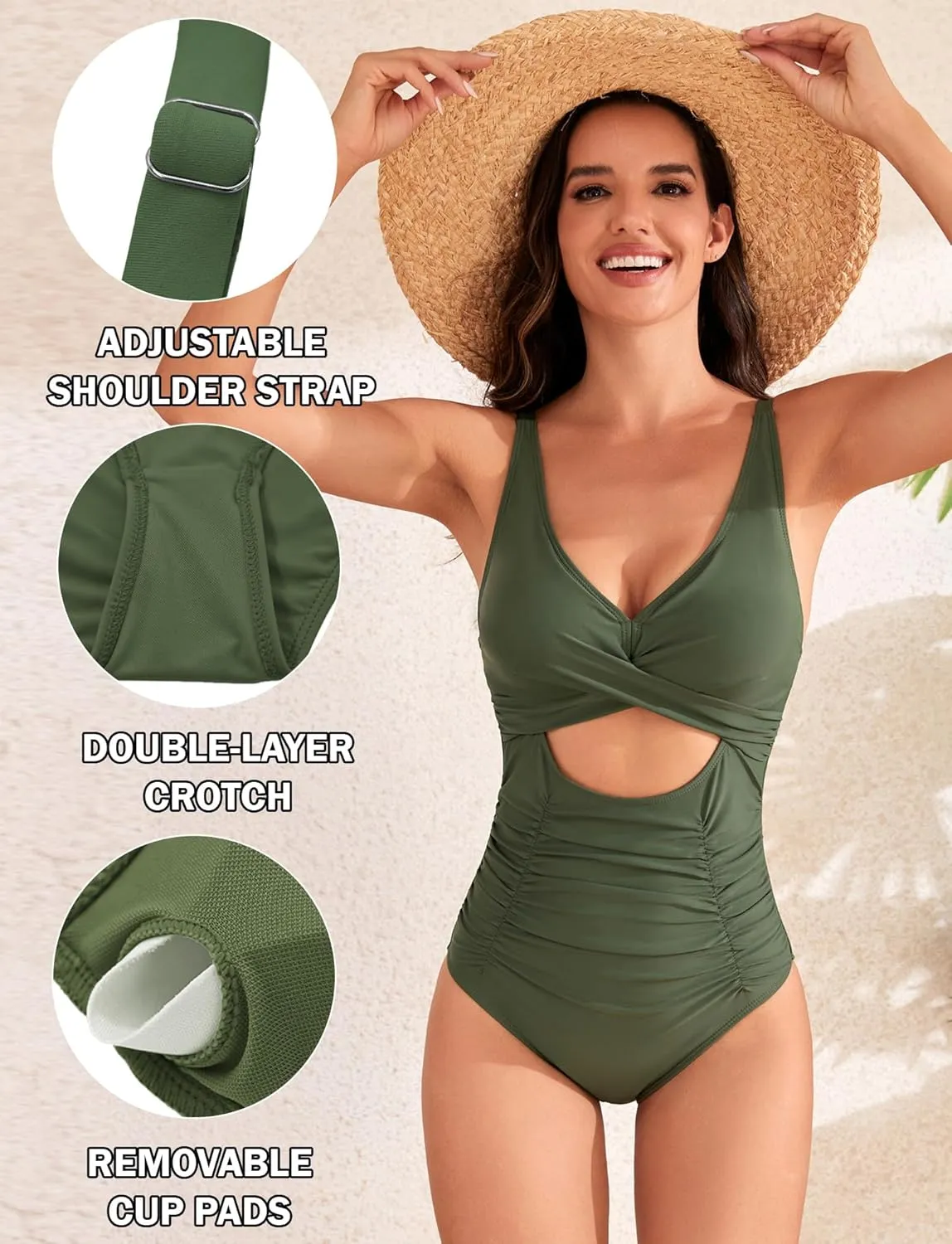 SEAUR Womens Sexy One Piece Swimsuits V Neck Cutout Bathing Suits Tummy Control Monokini Swimwear