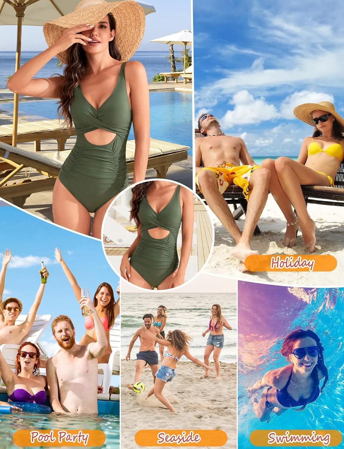 SEAUR Womens Sexy One Piece Swimsuits V Neck Cutout Bathing Suits Tummy Control Monokini Swimwear