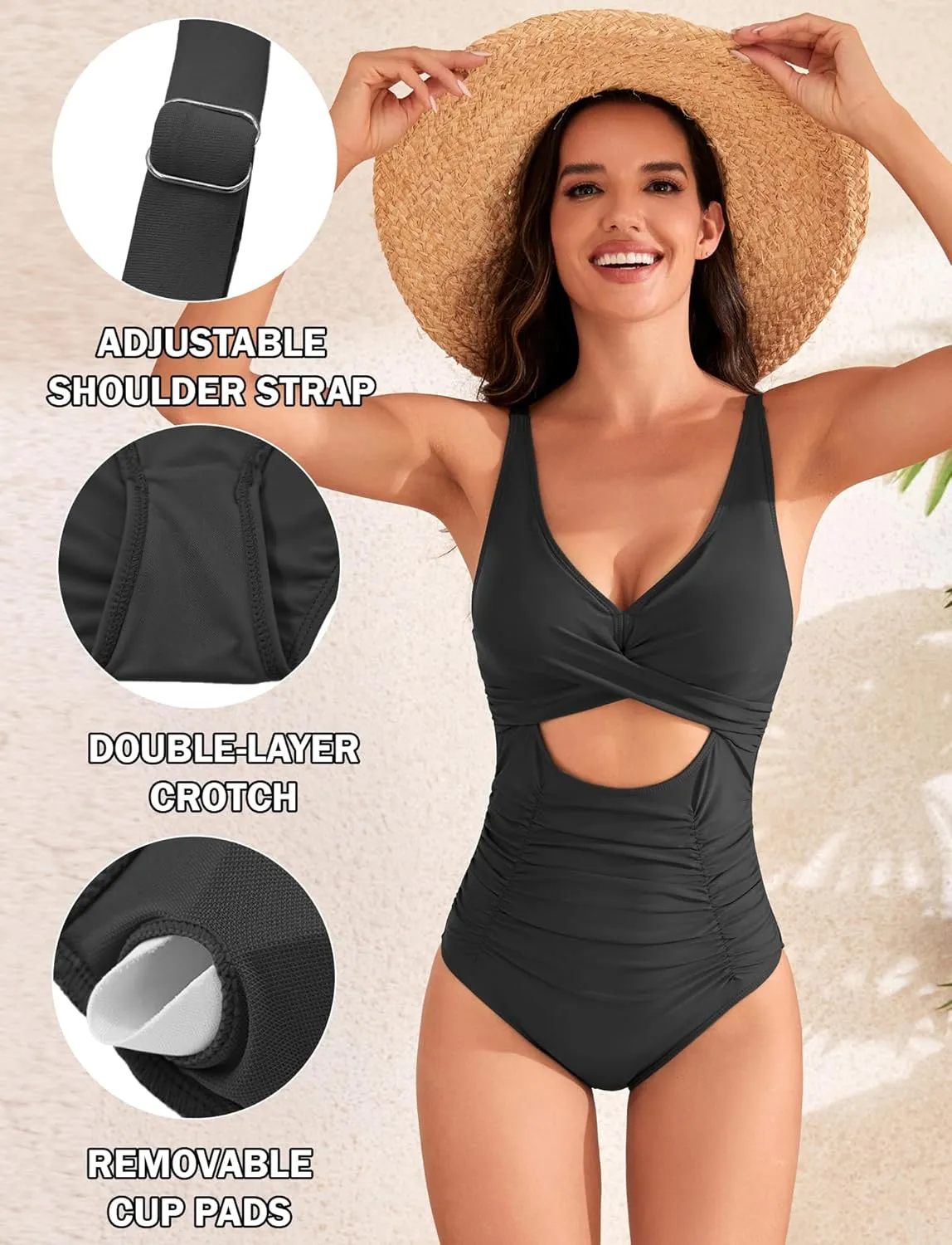 SEAUR Womens Sexy One Piece Swimsuits V Neck Cutout Bathing Suits Tummy Control Monokini Swimwear