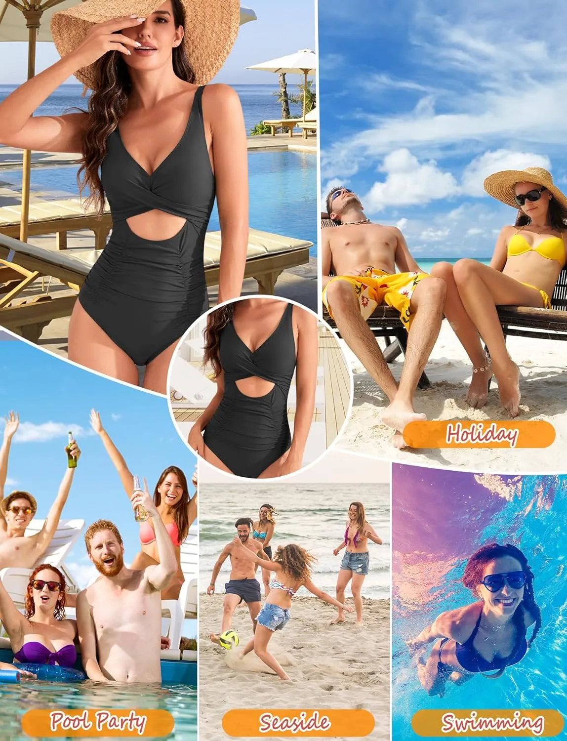 SEAUR Womens Sexy One Piece Swimsuits V Neck Cutout Bathing Suits Tummy Control Monokini Swimwear