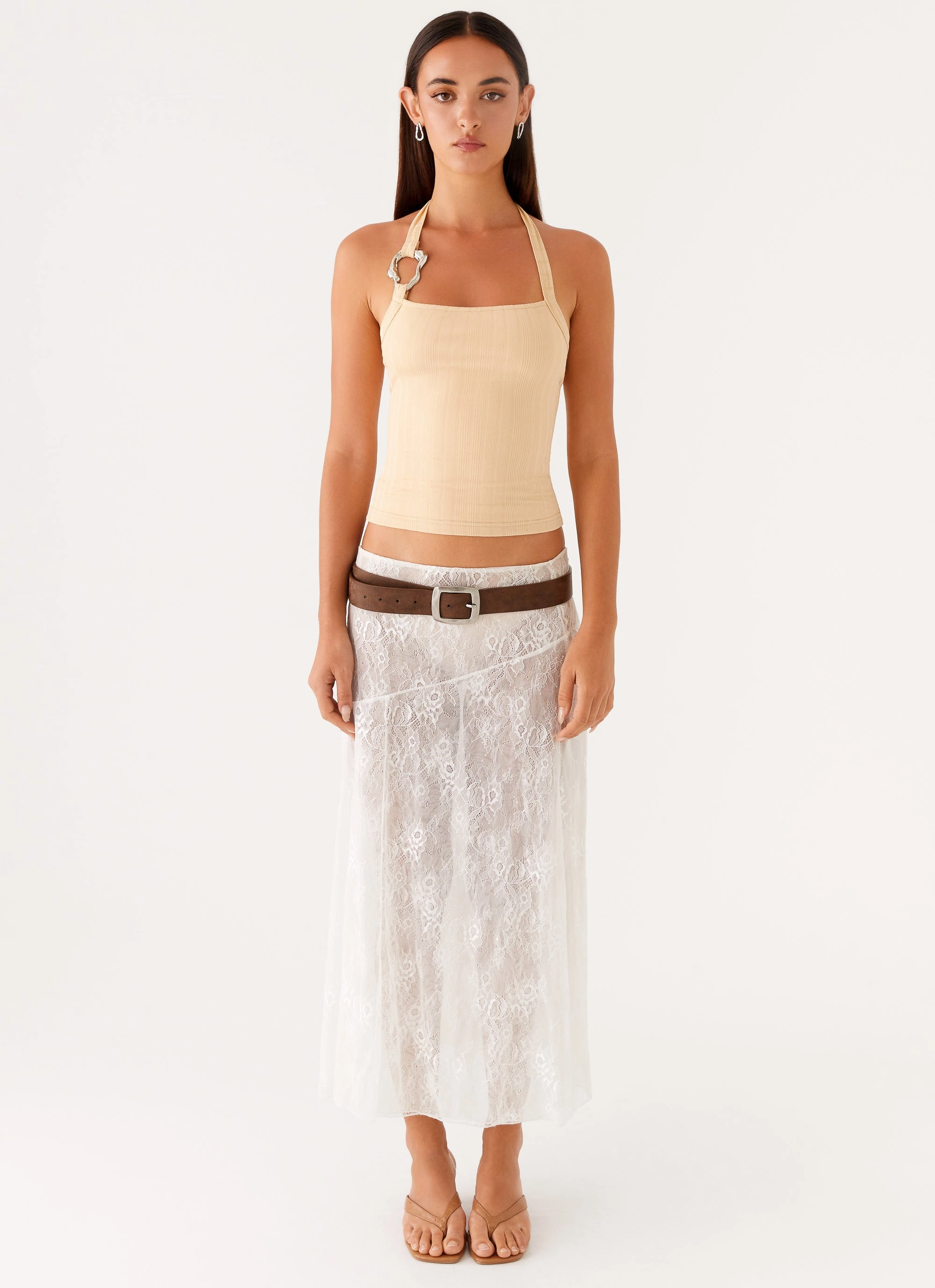 Selene Halter Top - Tan RibbedTrim FlexibleCollar