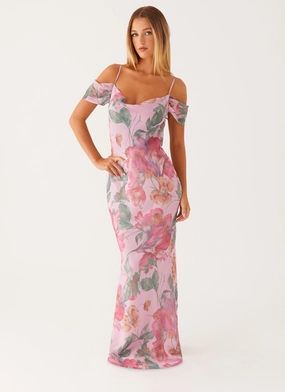 Seline Maxi Dress - Pink Floral Chiffon Layer Seline Maxi Dress - Pink Floral Contemporary Vibe Night Charm