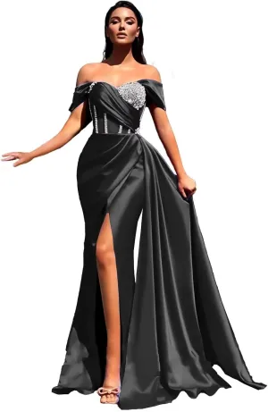 Sequin Beaded Mermaid Prom Dresses 2023 Off Shoulder Sweetheart Satin Gowns